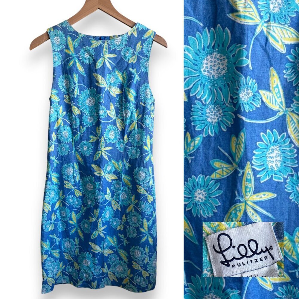 Lilly Pulitzer Vintage Krista Dress Blue Dragonfly Butterfly Size 8 Linen Rare